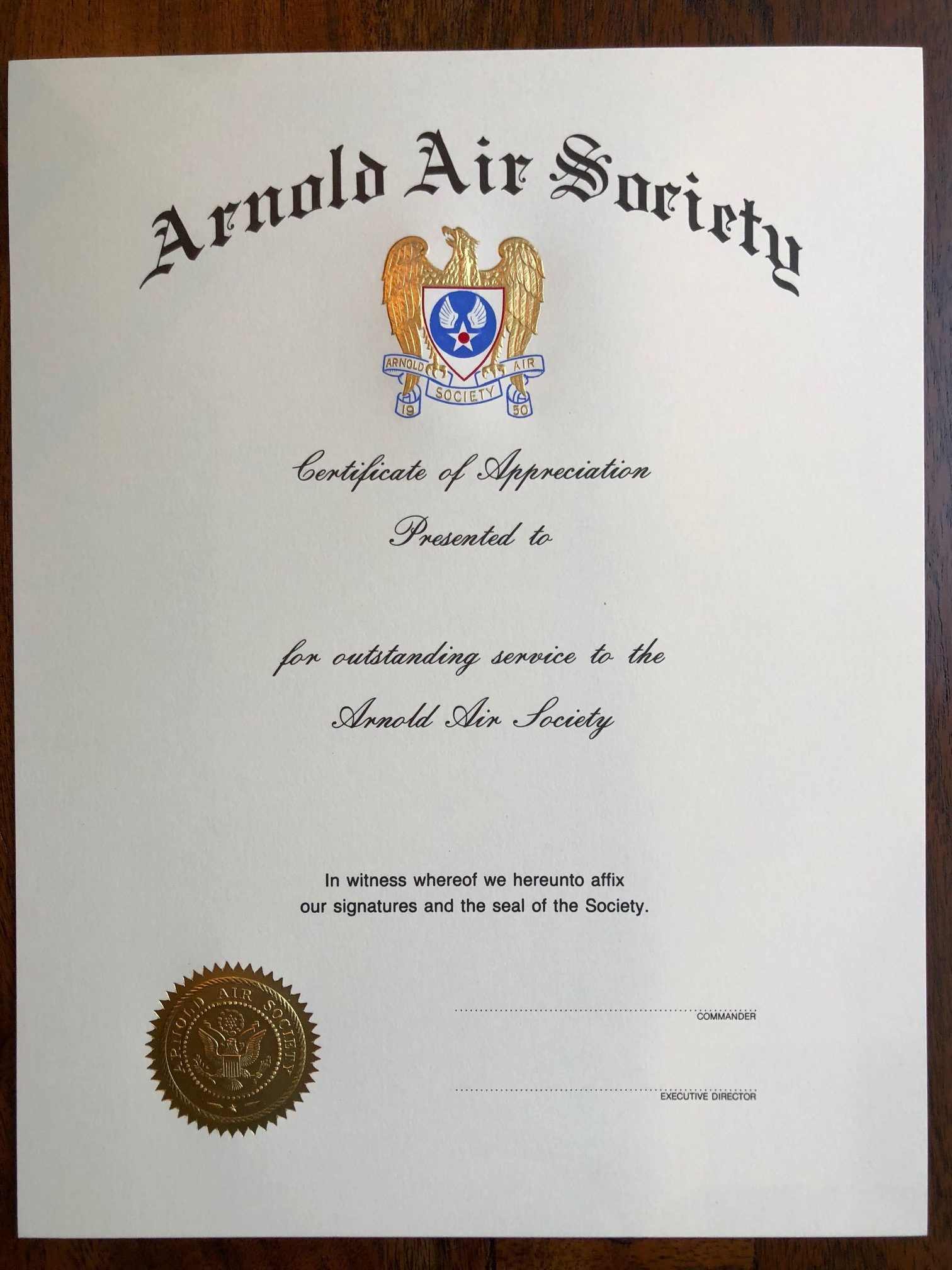 Arnold Air Society & Silver WingsAAS Appreciation Certificate